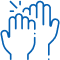 Blue outlined hands reaching upward with sparkles, representing care and support